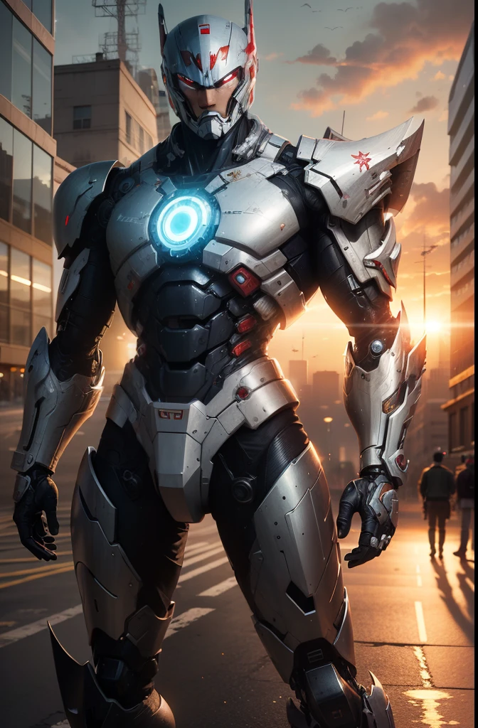 Masterpiece, top quality, high resolution, realistic, cowboy shot, 1 guy, ultraman, mecha ultraman, original design, silver, red, blue, transparent, (stance: 1.1), biomechanics, urban, sunset, dramatic lighting,