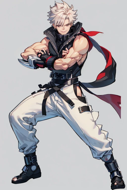 Two-dimensional, anime style, 1 man , solo, (male warrior), Chipp Zanuff, shinobi, slim body, correct proportions, face details, martial arts, white pants, sleeveless black jacket , , black tank top with turtleneck, black shoes, wearing sleeveless black gloves,wearing navy blue glasses, white spiky hairstyle, red eyes,light and shadow tracing, ray tracing, detail glow, CG rendering, hair details , lot of details, dojo environment, smiling joyfully, looking at the viewer, making his combat position, holding a long arm blade, full body