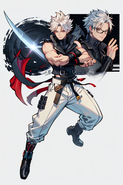 Two-dimensional, anime style, 1 man , solo, (male warrior), Chipp Zanuff, shinobi, slim body, correct proportions, face details, martial arts, white pants, sleeveless black jacket , , black tank top with turtleneck, black shoes, wearing sleeveless black gloves,wearing navy blue glasses, white spiky hairstyle, red eyes,light and shadow tracing, ray tracing, detail glow, CG rendering, hair details , lot of details, dojo environment, smiling joyfully, looking at the viewer, making his combat position, holding a long arm blade, full body