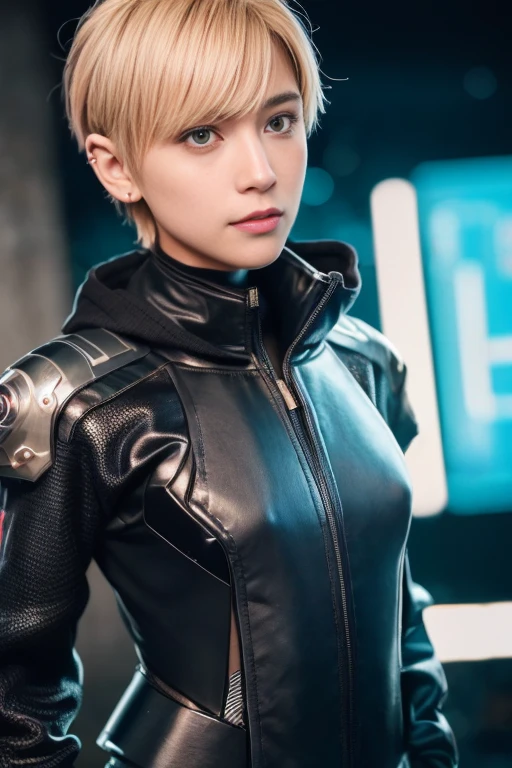 1 girl,(Wearing a cyberpunk battle suit:1.4),(RAW photo, highest quality), (realistic, photo-realistic:1.4), masterpiece, very delicate and beautiful, very detailed, 2k wallpaper, wonderful, finely, very detailed CG unity 8k wallpaper, Super detailed, High resolution, soft light, beautiful detailed girl, very detailed eyes and face, beautifully detailed nose, beautiful and detailed eyes,cinematic lighting,illuminated by neon lights at night,perfect anatomy,slender body,close,(smile),blonde hair,(short hair)