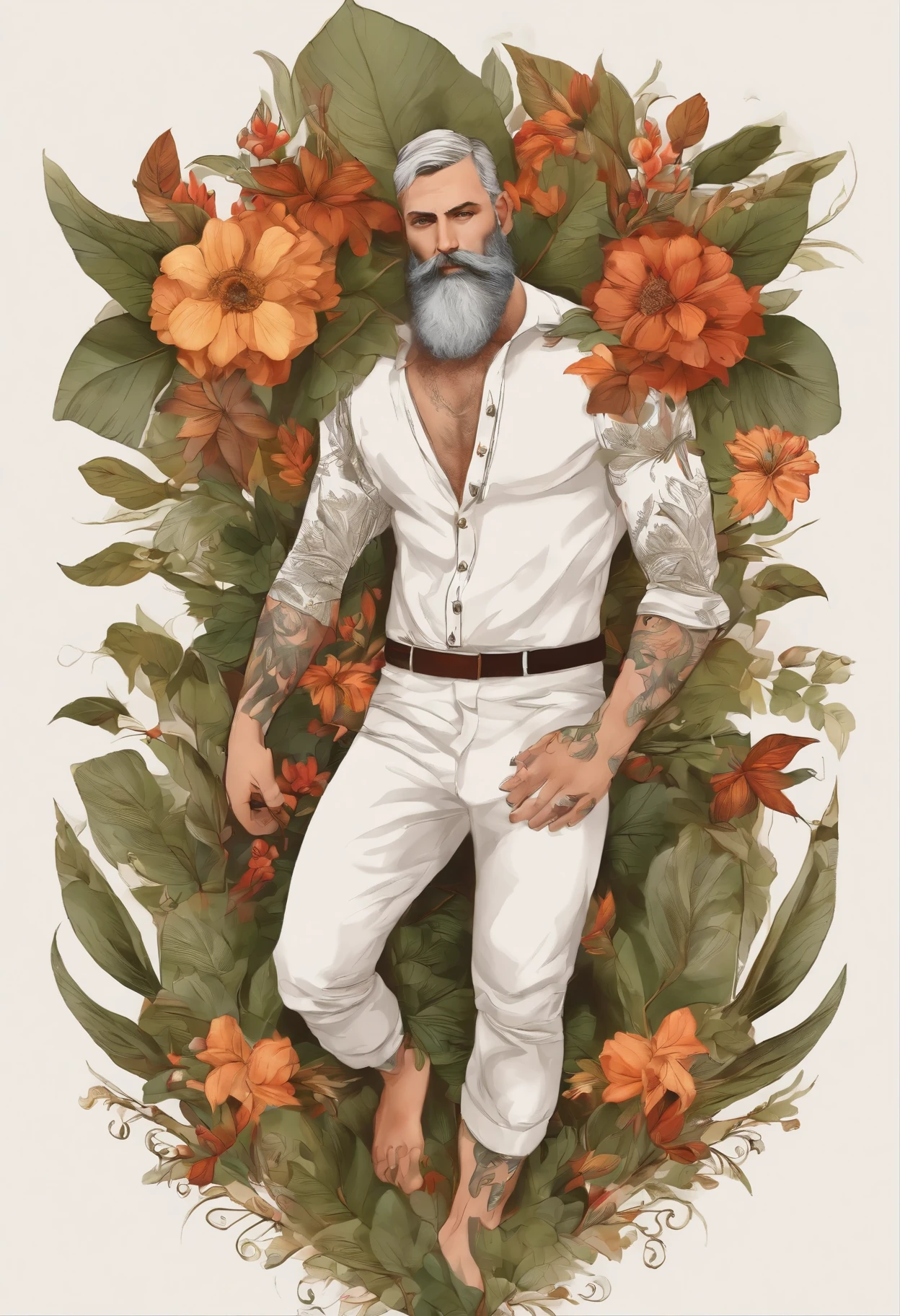 Elfo tatuado. Camisa branca leve. Ruivo barba curta escura. Magia. Mago. Bruxo. Folhas e flores nos cabelos. Tattoo of leaves and flowers emerging on arms and hands
