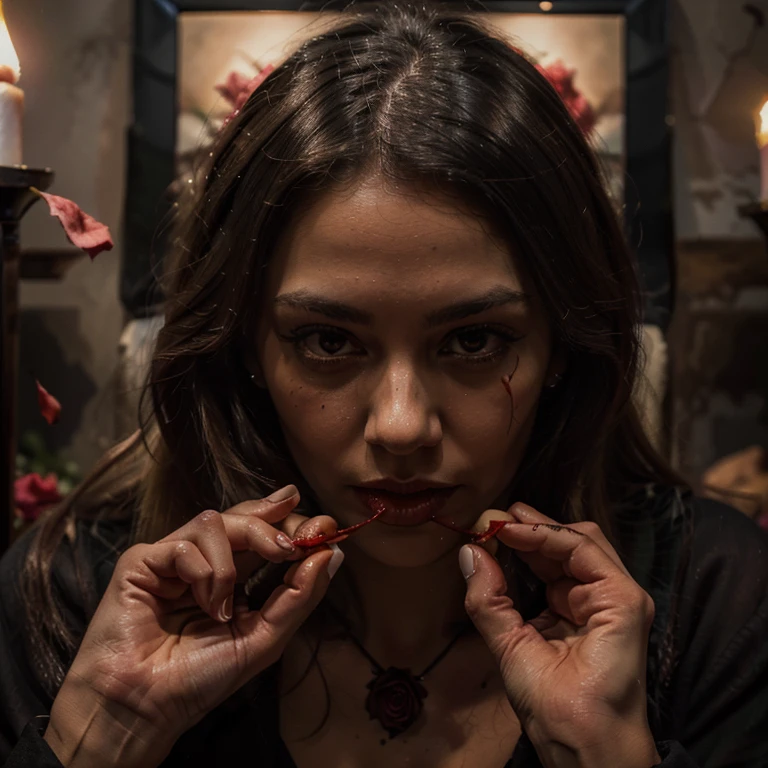 (highres, oil painting:1.2), vibrant dark, gothic style, detailed blood, small flame, fading rose petals, centered, white woman's hand holding a red rose