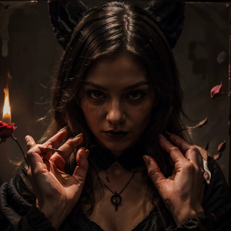 (highres, oil painting:1.2), vibrant dark, gothic style, detailed blood, small flame, fading rose petals, centered, white woman's hand holding a red rose