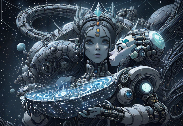 titere, marioneta, princess intergalactica, cosmic bjork, Reina de la Galaxia, celestialpunk, Emperatriz cyborg futurista simple, « Femme on a galactic shore, Su cabeza cubierta de joyas, kosice, alien princess, inspirado en Kay Nielsen, cypherpunk fashion illustration