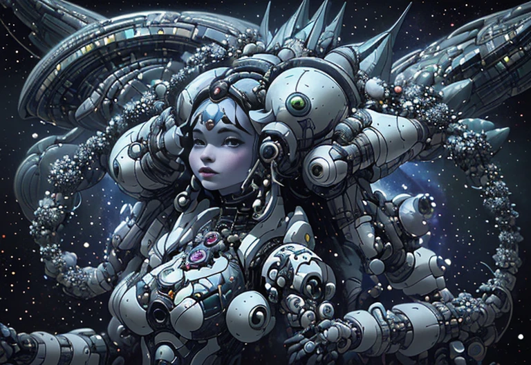 titere, marioneta, princess intergalactica, cosmic bjork, Reina de la Galaxia, celestialpunk, Emperatriz cyborg futurista simple, « Femme on a galactic shore, Su cabeza cubierta de joyas, kosice, alien princess, inspirado en Kay Nielsen, cypherpunk fashion illustration