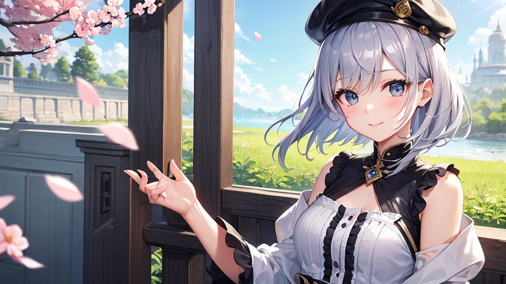 super high quality, with a girl, 20-year-old, very short hair, long bangs between the eyes, gray eyes , blue sky, sunlight, very detailed,(masterpiece、highest quality)、alone、gray hair、laughter、fantasy, silver hair, black eye, beautiful eyes,, ???????, charm, be smitten with audience, fantasyな風景、Princess、white clothes、cherry blossoms、hat、Cafe