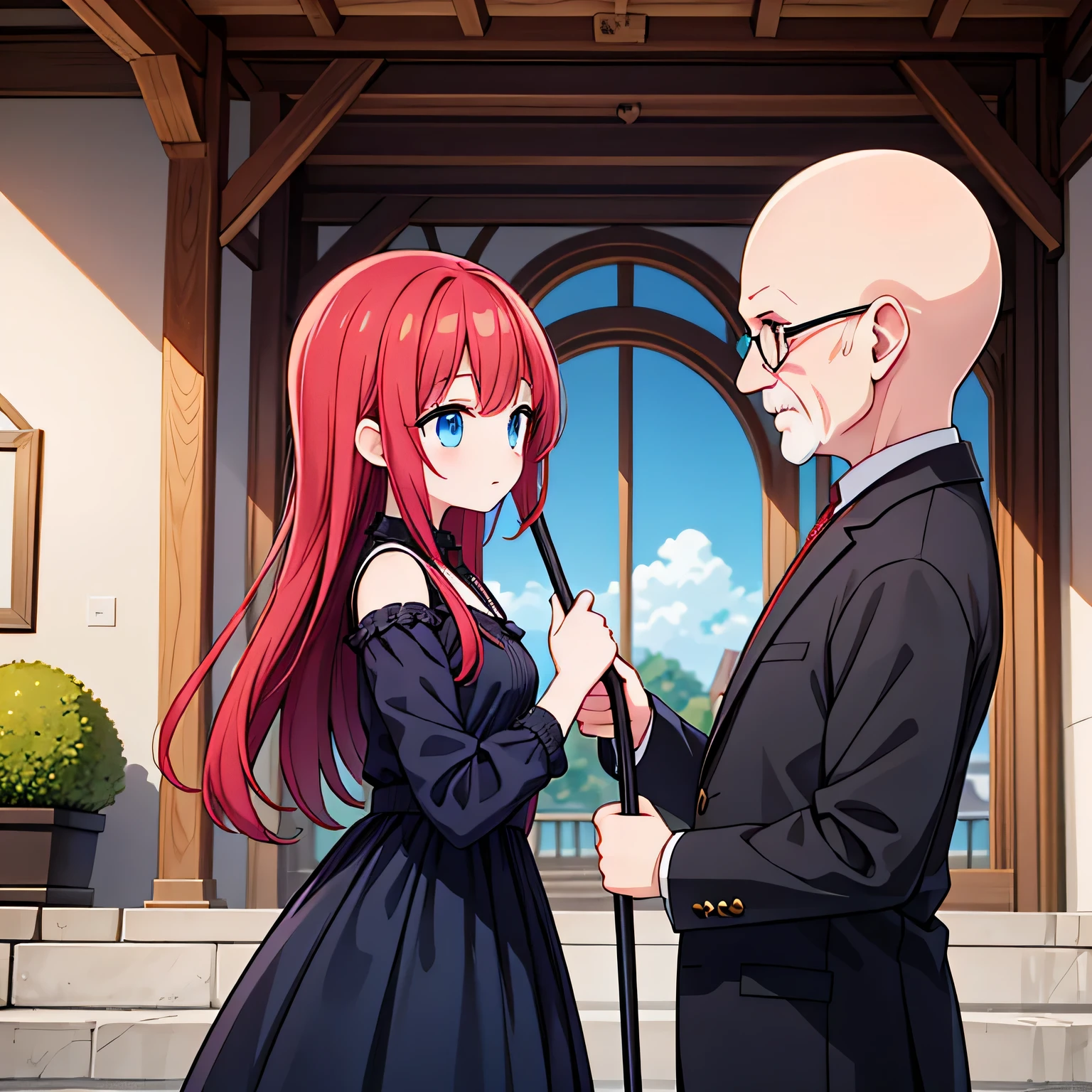 anime, (masterpiece:1.2), village , daylight , a mature girl with long red hair and blue eyes in black dress is talking with a bald old man holding staff, facing each other