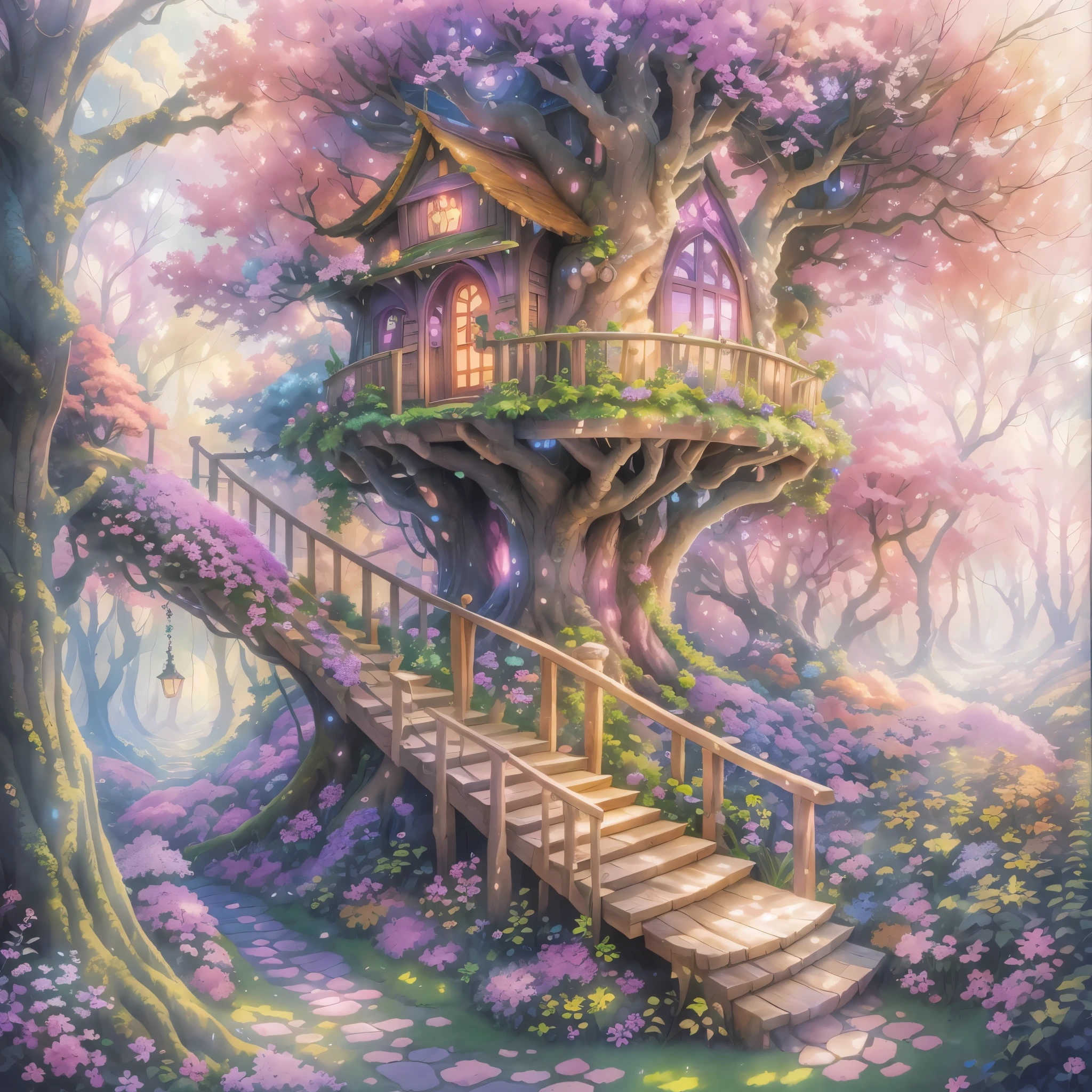 A dreamy fairy treehouse,natural,serene,softly connected trees in the courtyard,pink,purple,and emerald green flowers,light pouring in from the windows,rainbow-colored corridor,illustration,highres,ultra-detailed,realistic:1.37,watercolor painting,vivid colors,soft lighting