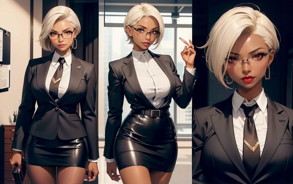((Masterpiece, Highest quality)), 8k, Detailed face, (character design sheet), full bodyesbian, Full of details, frontal body view, back body view, Highly detailed, Depth, Many parts, Multiple poses and expressions (mature woman) (short hair faded, undercut hairstyle) (red eyes), 35 years old, (name:Milana fox) ,dominant gorgeous girl, same character, muscle body, Ebony blonde girl, dark skinned girl, evil smile, angry expression red lips, (business suit), girl tall, chokers, (Sexy Office Lady ), tattoos, glasses, short black skirt, white shirt, pantyhose, stocking