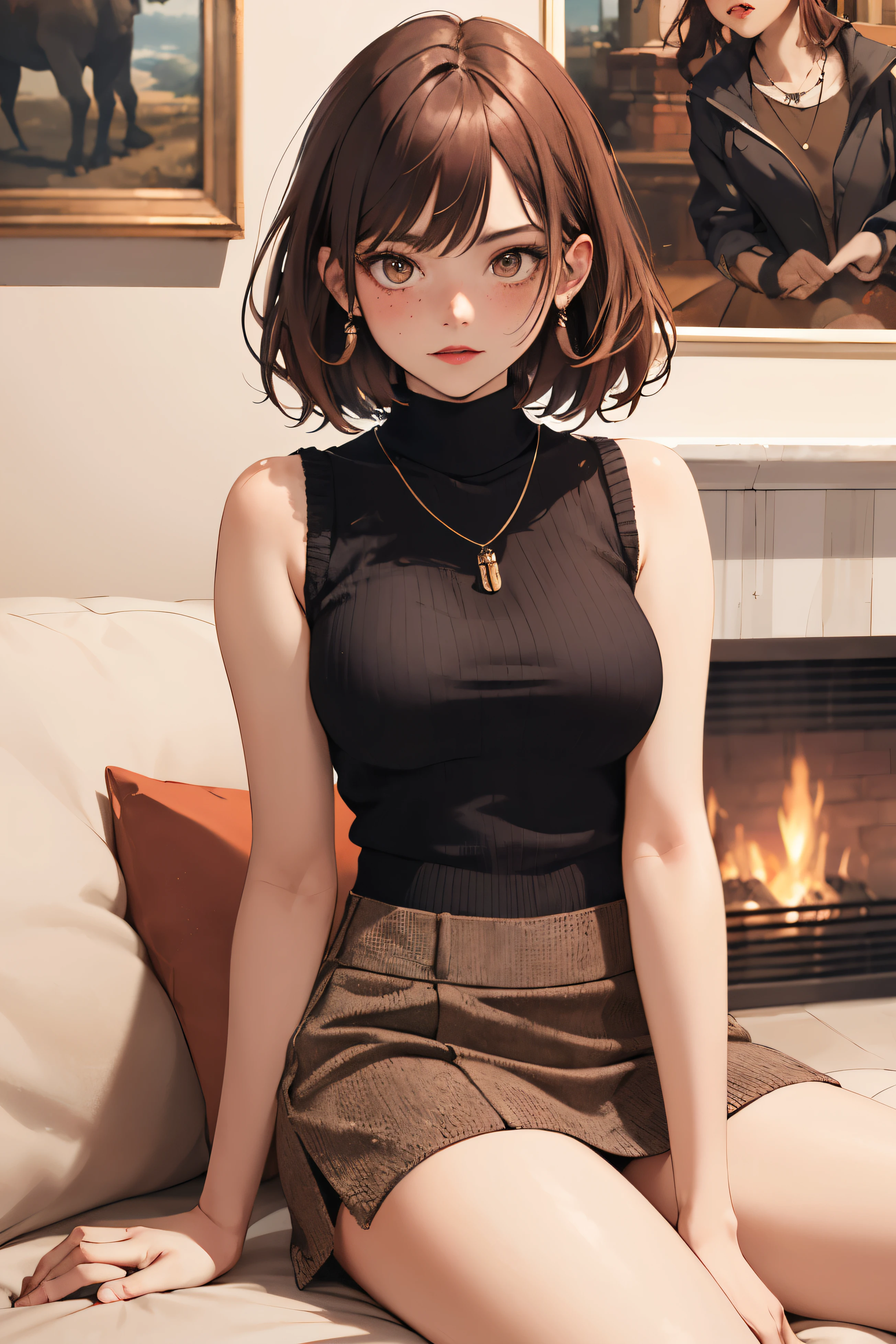 ((best quality)), ((masterpiece)), (detailed), Ridiculous resolution, high resolution, (masterpiece:1.4), Hyper-detailing, a woman. she is 17 years old. auburn hair. She has bangs in her hair. red lips. she is blushing. she has freckles. (Ultra detailed brown eyes)). she is lying on a sofa by the fireplace. She is wearing a sleeveless cropped woolen sweater. She is wearing a woolen, ribbed mini skirt. necklace. full body shot. she is angry.