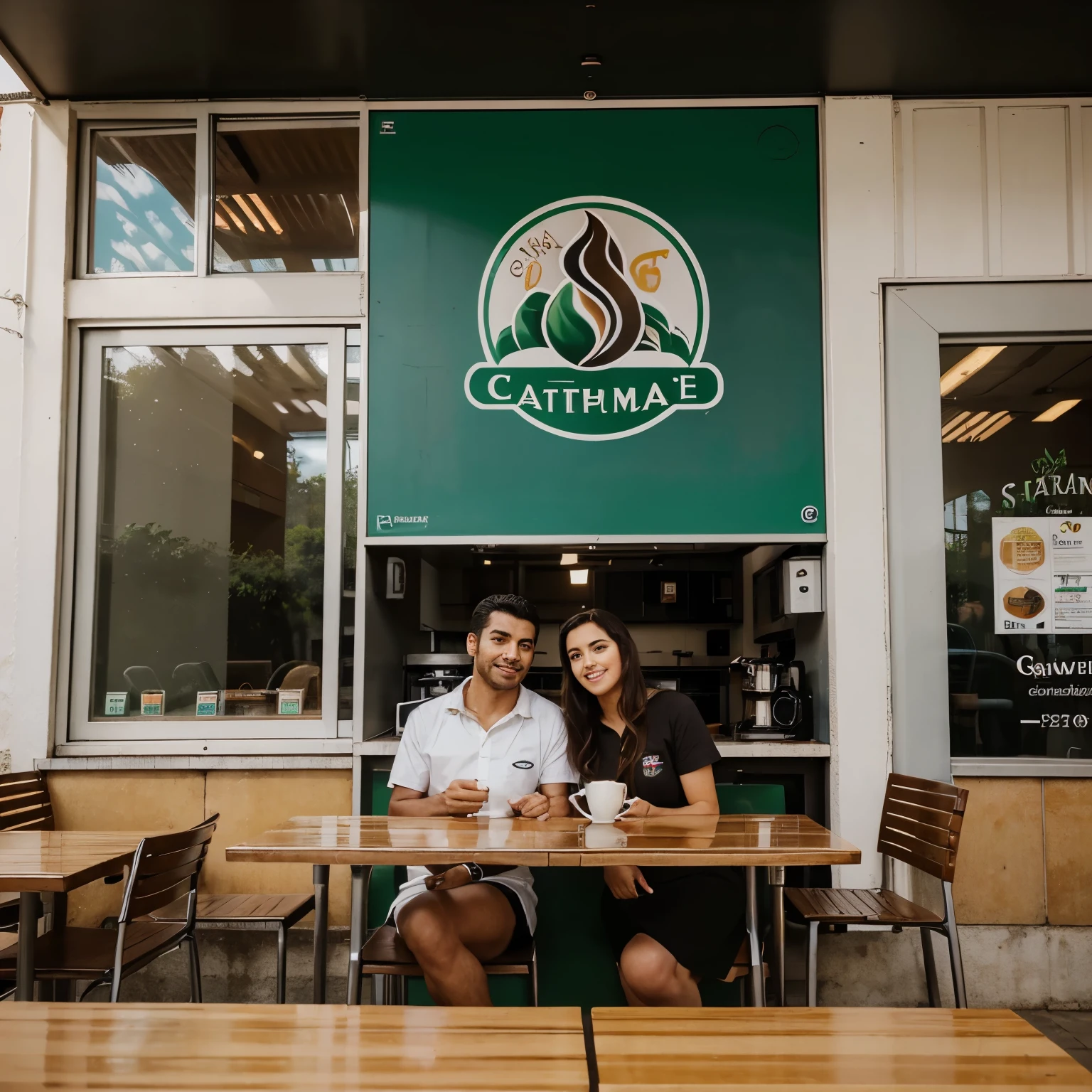 Quero modelos de logo modernas para cafeterias que contenham natureza, grãos torrados de café ☕ e quero esse logo em frente a uma cafeteria de tijolos estilo retrô.