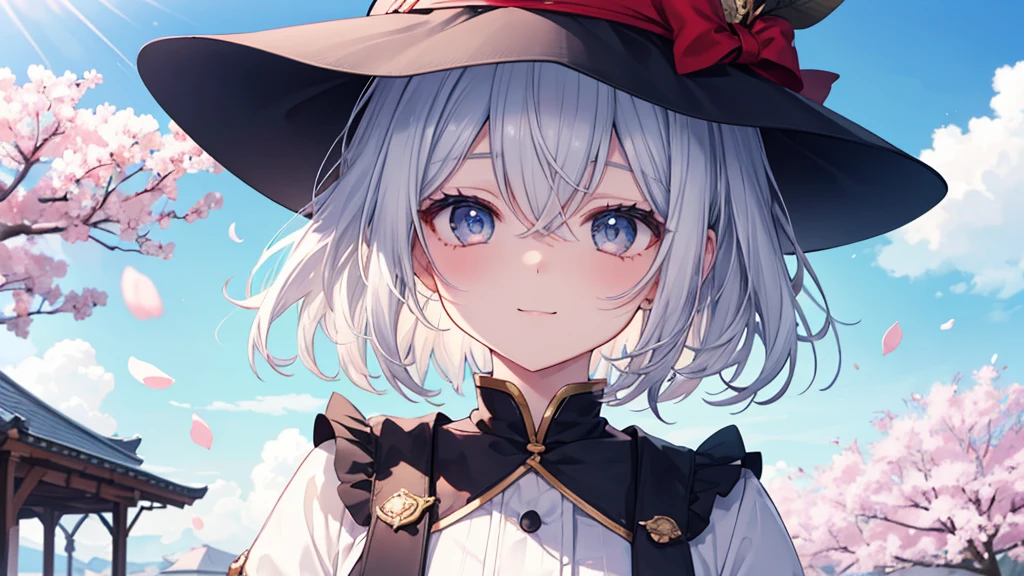 super high quality, with a girl, 20-year-old, very short hair, long bangs between the eyes, gray eyes , blue sky, sunlight, very detailed,(masterpiece、highest quality)、alone、gray hair、laughter、fantasy, silver hair, black eye, beautiful eyes,, ecstasy, charm, be smitten with audience, fantasyな風景、Princess、white clothes、cherry blossoms、hat、Cafe