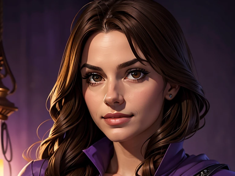masterpiece, best quality, realistic, 1girl, mature female, quiet and charming young teen, 18 year old, a smirk, closed mouth, brown skin, portrait, extremely detailed face, cold and smirk, ((dark brown eyes)), ((long dark brown hair with gray ends)), [thin eyebrows], dark palace, ((Princess)), dim light, evil, purple Thunder light background