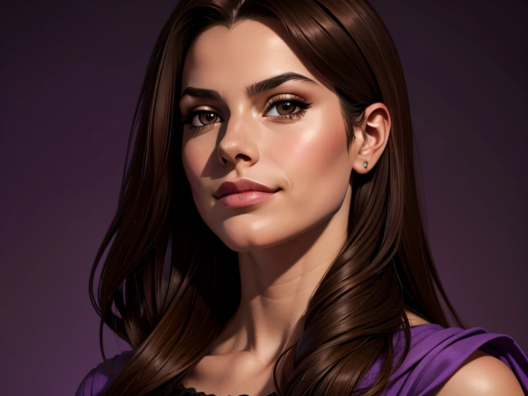masterpiece, best quality, realistic, 1girl, mature female, quiet and charming young teen, 18 year old, a smirk, closed mouth, brown skin, portrait, extremely detailed face, cold and smirk, ((dark brown eyes)), ((long dark brown hair with gray ends)), [thin eyebrows], dark palace, ((Princess)), dim light, evil, purple Thunder light background