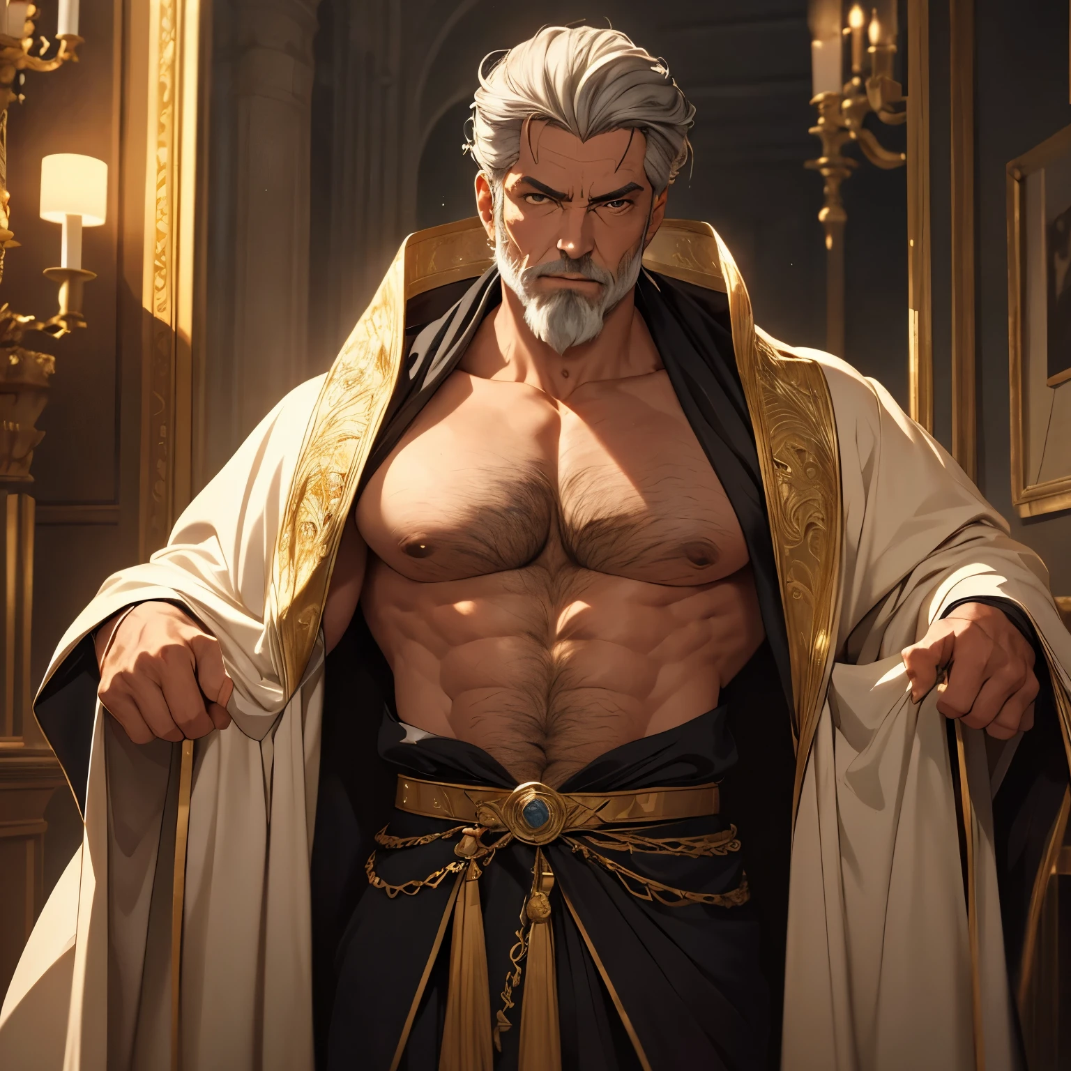 Anime old king, um rei lascivo, pervertido, alpha male, bodybuilder, very muscular, 60 years old, lorde imponente, wearing a open black royal robe, open robe, very large pectorals, hairy chest, olhando para o espectador, pose sexy, facial expression of attraction, olhos de cor azuis, grey short hair, sexy grey beard, Obra-prima maravilhosa altamente detalhada, beautiful cinematic light deep focus, elegante, pintura digital, liso, sharp focus, golden ratio, dramatic lighting, 8k, pixiv, bara