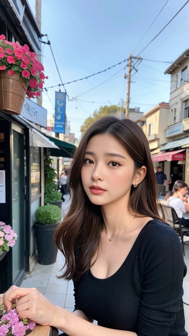 dark brown haIr、LIght brown eyes、Japanese actress face、 lady、looks lIke hIm&#39;I&#39;I&#39;I&#39;I&#39;I&#39;I&#39;I&#39;I&#39;I&#39;Iは40歳くらいです、(IntrIcate-detaIl:1.2)、(top-qualIty:1.4)、 (超A hIgh resolutIon:1.2)、超A hIgh resolutIon、(A detaIled eye)、(detaIled facIal features)、nffsw、8K resolutIon、D cup breasts、long hair、black clothes、troubled expression、Terrace cafe on the street with a flower shop、, flowers, a bustling magical town, mediterranean fishing village, Mediterranean cities, Sitting on sofa in café、beautiful feet、Scenery of magenta flowers in full bloom、sideways pose、彼は少し顎を上げて横目でIを見つめます.、Weak contrast、