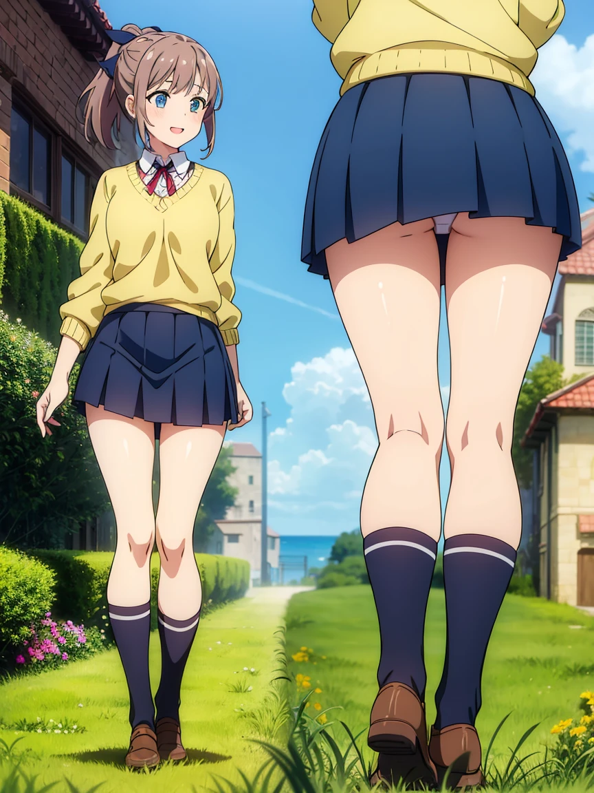 ((1 girl)),Happy,outdoor,garden((multiple views))whole body,Low - Angle,ponytail,ribbon,panties,mini skirt