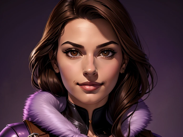 masterpiece, best quality, realistic, 1girl, mature female, quiet and charming young teen, 18 year old, a smirk, closed mouth, ((brown skin)), portrait, extremely detailed face, cold and smirk, ((dark brown eyes)), ((long dark brown hair with gray)), [thin eyebrows], dark palace, ((Princess)), dim light, evil, purple Thunder light background