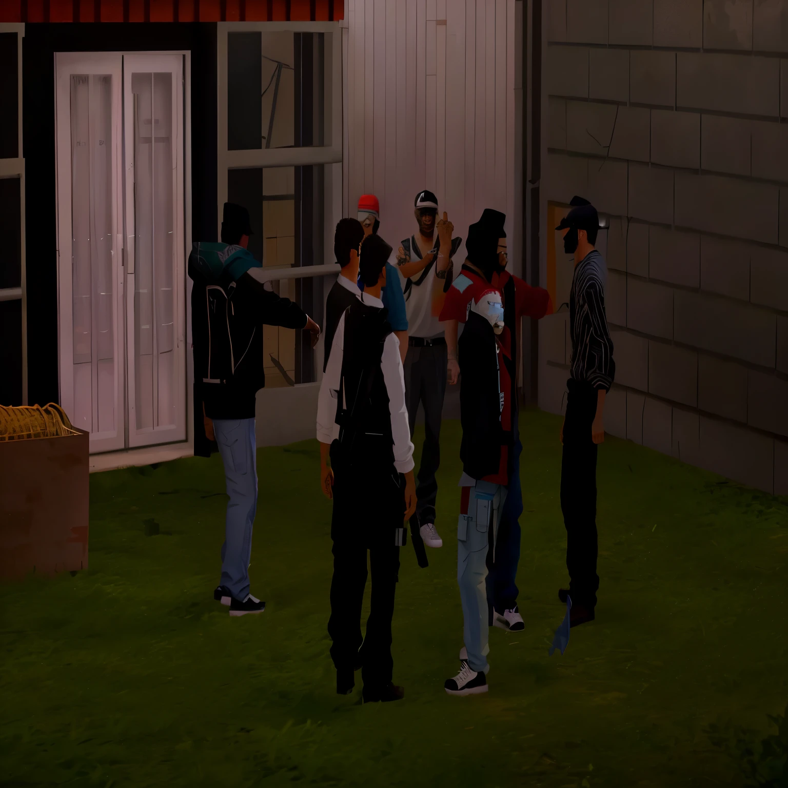 several people standing in a yard with a building in the background, many npcs on the streets, in game, video game screenshot>, in - game, in-game, action scene screenshot, in gta san andreas, fighting scene, fight scene, street gang, gang members, gta san andreas, gangs, rap scene, inside a gang hideout, prison scene