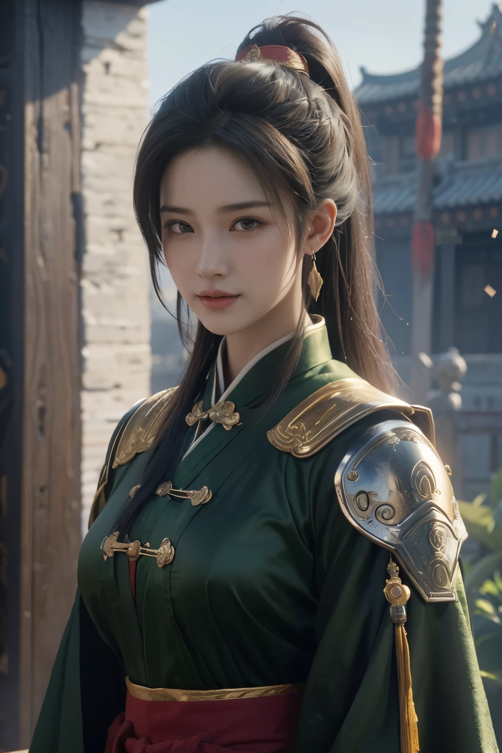 Game art，The best picture quality，Highest resolution，8K，(A bust photograph)，(Portrait from bust:1.5)，(Head close-up)，(Rule of thirds)，Unreal Engine 5 rendering works， (The Girl of the Future)，(Female Warrior)， 
20岁少女，(The warrior in ancient China)，(Short ponytail hairstyle)，An eye rich in detail，(Big breasts)，优雅高贵，冷漠，(Smile)，
(The costume of Chinese swordsman elements，Costumes of ancient Chinese characters，Armor，The costume is red and gold，Heavy armour，Joint Armor)，(Chinese Hanfu:1.3)，人物，奇幻风格，
拍照姿势，野外背景，Movie lights，Ray tracing，Game CG，((3D Unreal Engine))，oc渲染反射纹