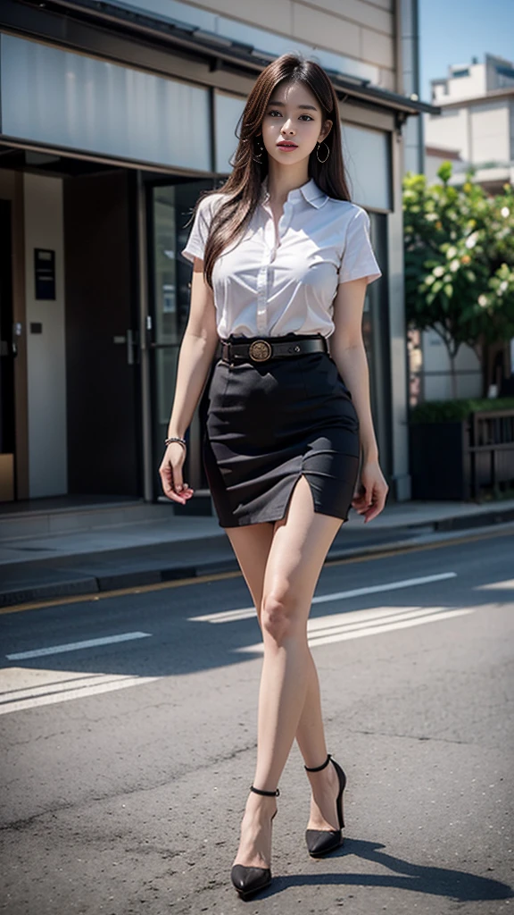 highest resolution, 8K, high definition, สาวlong hairมาก, (long hair, straight hair, black hair), นักศึกษาthailand, woman, half-caste, thailand, Japan, Korea, Height 173 centimeters, ((stand, walk)), (Beautiful face, แต่งBeautiful face, Double eyelids, red lips), (womanที่สวยงาม, The texture is realistic.), (white short sleeve shirt thin shirt, collar shirt, With metal buttons), (Huge breasts, Breast augmentation, big breast, Big tits, plump tits, Fluffy milk, Huge breasts), (short black pencil skirt, Very short, Side incision, กระโปรงพร้อมbeltwoman, tight), (Symmetrical shape, sexy figure, small waist, Long legs, Beautiful thighs), (Pitch black high heels, earring, Put on a watch, belt), full body photo, Look at every part of the body., (university backdrop, building, building, lawn, outdoor sports field)