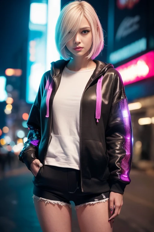 1 girl,(wearing a cyberpunk hoodie:1.4),(RAW photo, highest quality), (realistic, photo-realistic:1.4), masterpiece, very delicate and beautiful, very detailed, 2k wallpaper, wonderful, finely, very detailed CG unity 8k wallpaper, Super detailed, High resolution, soft light, beautiful detailed girl, very detailed eyes and face, beautifully detailed nose, beautiful and detailed eyes,cinematic lighting,illuminated by neon lights at night,perfect anatomy,slender body,close,(straight face),blonde hair,(short hair)