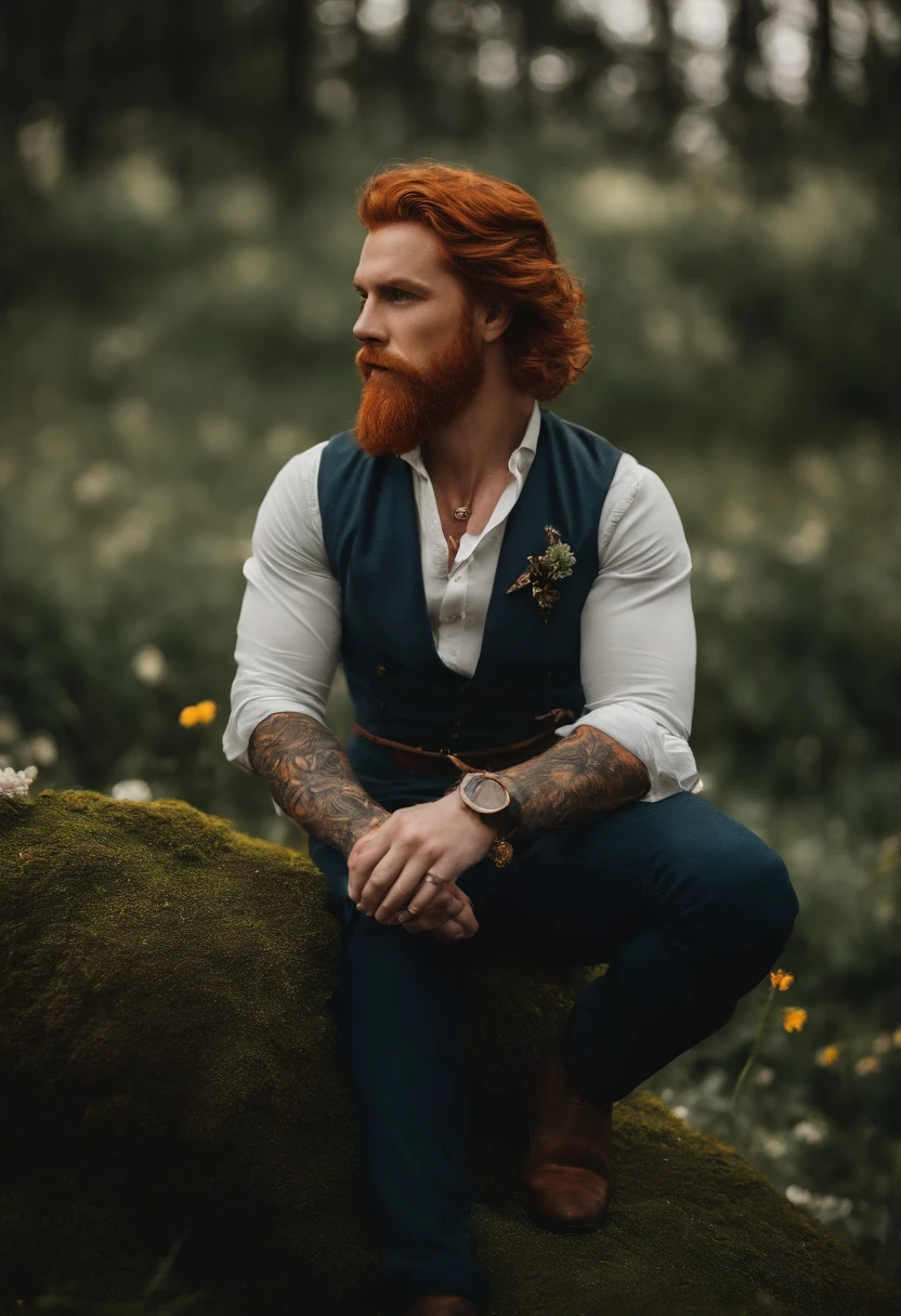 Redheaded Scottish High Lander man, tatuado com flores. Eyes born in your arms. Machado. Forte. Colar de pedras. Usando camisa branca transparente. Olhos claros. Barba escura. Magia. mystic. playful. Encanto. Fada. Fantasia. Sonhos. imaginary