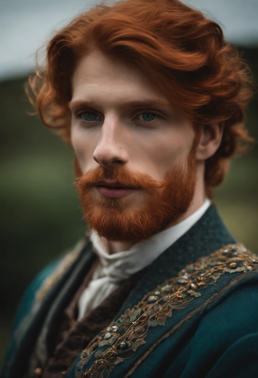 Redheaded Scottish High Lander man, tatuado com flores. Eyes born in your arms. Machado. Forte. Colar de pedras. Usando camisa branca transparente. Olhos claros. Barba escura. Magia. mystic. playful. Encanto. Fada. Fantasia. Sonhos. imaginary 