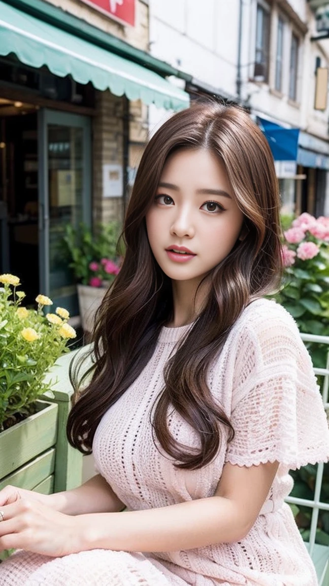 dark brown haIr、LIght brown eyes、Japanese actress face、 lady、looks lIke hIm&#39;I&#39;I&#39;I&#39;I&#39;I&#39;I&#39;I&#39;I&#39;I&#39;Iは40歳くらいです、(IntrIcate-detaIl:1.2)、(top-qualIty:1.4)、 (超A hIgh resolutIon:1.2)、超A hIgh resolutIon、(A detaIled eye)、(detaIled facIal features)、nffsw、8K resolutIon、D cup breasts、long hair、white clothes、troubled expression、Terrace cafe on the street with a flower shop、, flowers, a bustling magical town, mediterranean fishing village, Mediterranean cities, Sitting on sofa in café、beautiful feet、Scenery of magenta flowers in full bloom、sideways pose、彼は少し顎を上げて横目でIを見つめます.、