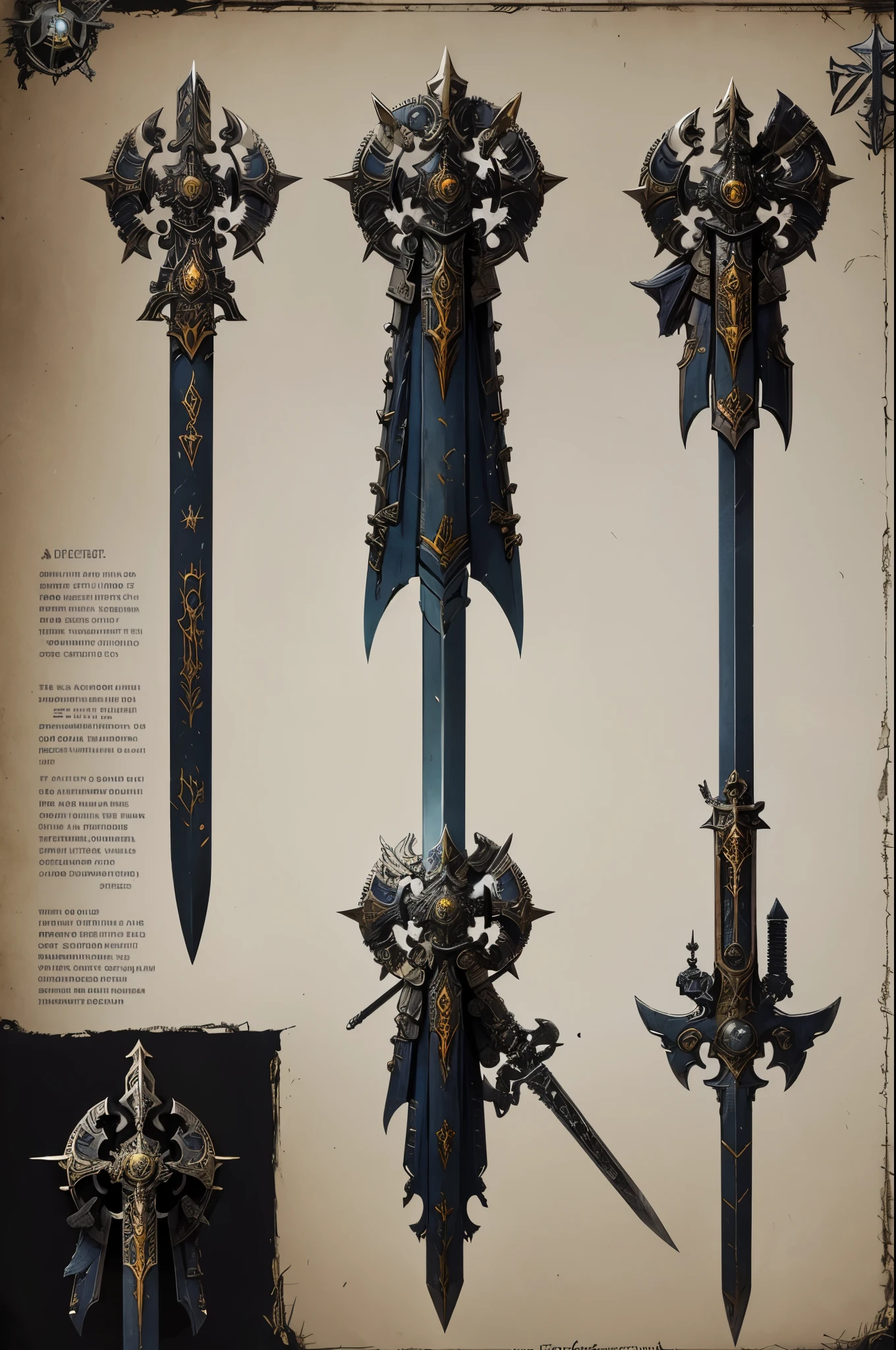 concept art sheet, only weapons, a relic sword for a space marine inspired by warhammer 40k aesthetic, warhammer 40k, relic, artifact, sword, holy, ancient, fierce, intricately detailed, masterpiece