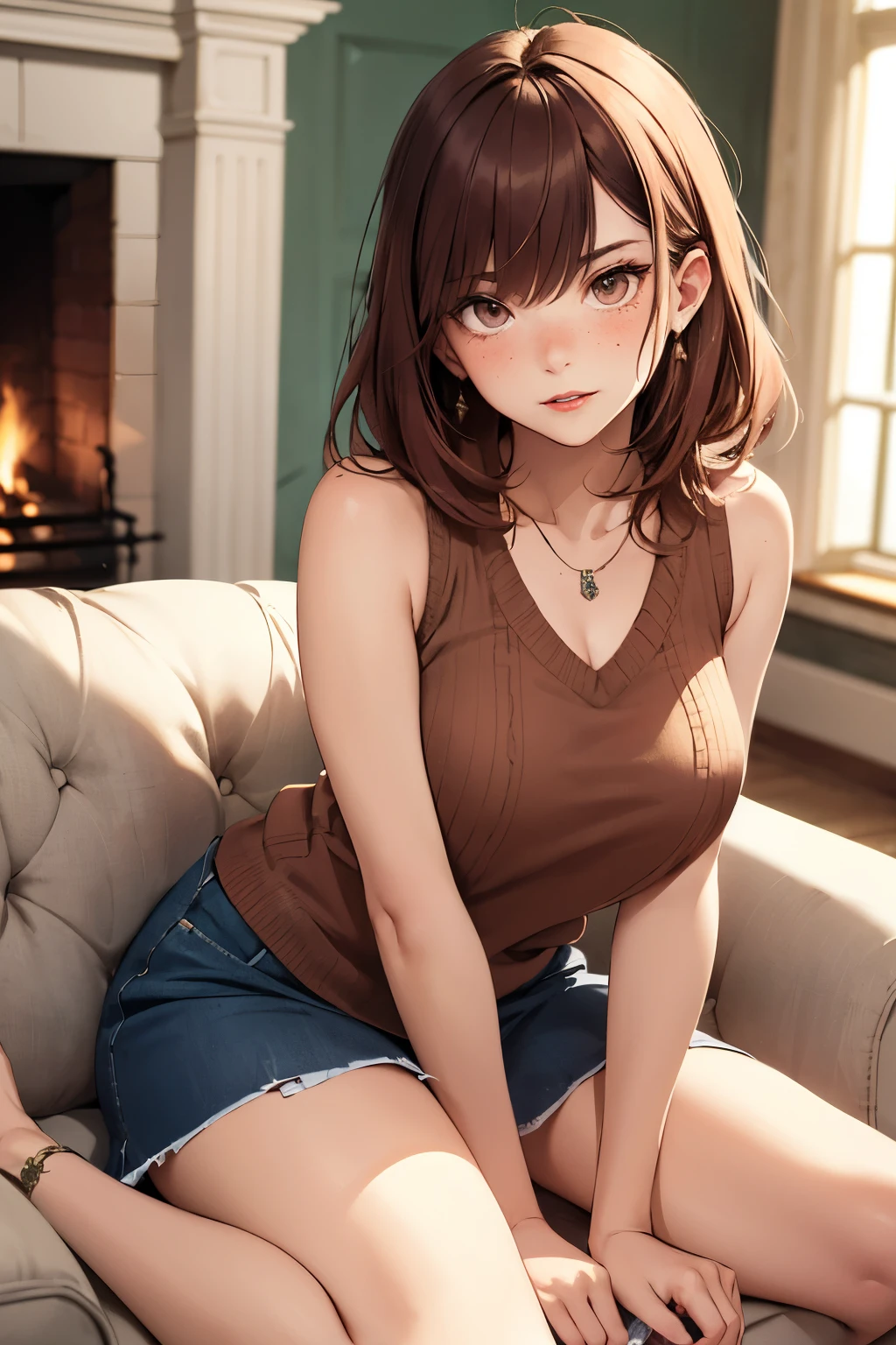 ((best quality)), ((masterpiece)), (detailed), Ridiculous resolution, high resolution, (masterpiece:1.4), Hyper-detailing, a woman. she is 17 years old. auburn hair. She has bangs in her hair. red lips. she is blushing. she has freckles. (Ultra detailed brown eyes)). she is lying on a sofa by the fireplace. She is wearing a sleeveless woolen cropped sweatshirt. necklace. full body shot. she is angry.