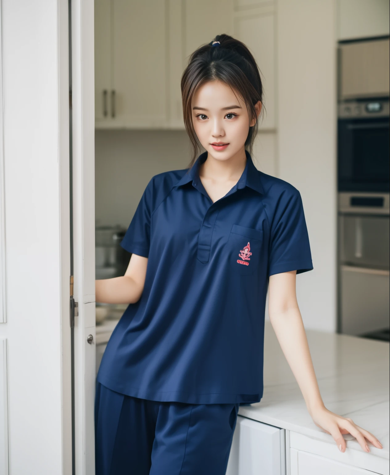 2 Girls in the Kitchen, Navy blue short-sleeved shirt,Navy Long Trackpant,Sweatpants, Sweatpantsขายาว,25 year old girl, lesbian, sexy, exercise clothes, wet body
