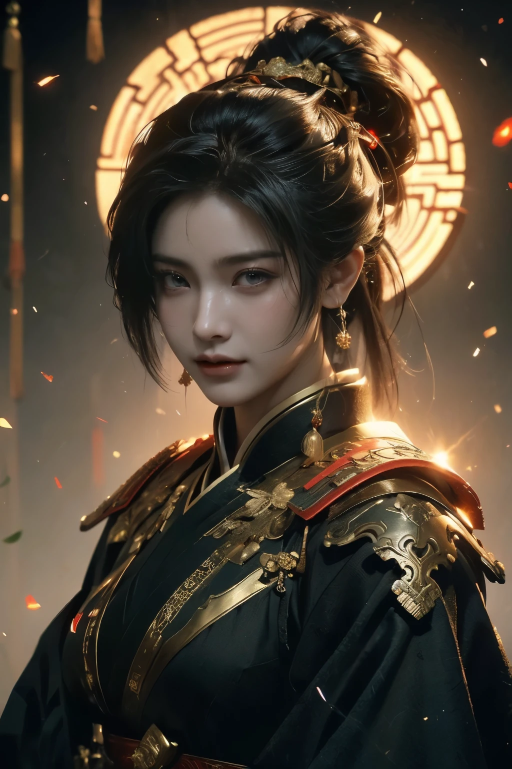 Game art，The best picture quality，Highest resolution，8K，(A bust photograph)，(Portrait from bust:1.5)，(Head close-up)，(Rule of thirds)，Unreal Engine 5 rendering works， (The Girl of the Future)，(Female Warrior)， 
20岁少女，(The warrior in ancient China)，(Short ponytail hairstyle)，An eye rich in detail，(Big breasts)，优雅高贵，冷漠，(Smile)，
(The costume of Chinese swordsman elements，Costumes of ancient Chinese characters，Armor，The costume is red and gold，Heavy armour，Joint Armor)，(Chinese Hanfu:1.3)，人物，奇幻风格，
拍照姿势，野外背景，Movie lights，Ray tracing，Game CG，((3D Unreal Engine))，oc渲染反射纹