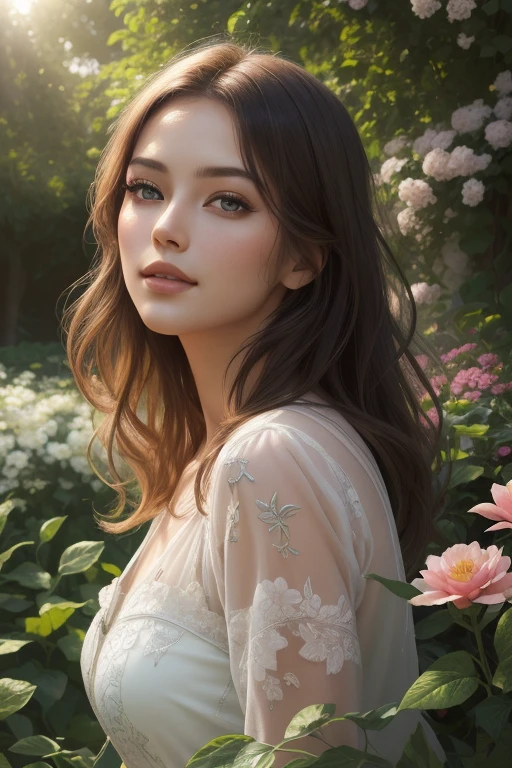 A girl in a garden,illustration,beautiful detailed eyes,beautiful detailed lips,extremely detailed eyes and face,long eyelashes,(best quality,4k,8k,highres,masterpiece:1.2),ultra-detailed(photorealistic:1.37),HDR,UHD,studio lighting,physically-based rendering,extreme detail description,professional,vivid colors,portraits,bokeh,greenery,lush vegetation,floating flowers,sunlight streaming through the trees,soft and warm color tones,glowing skin,gentle breeze.