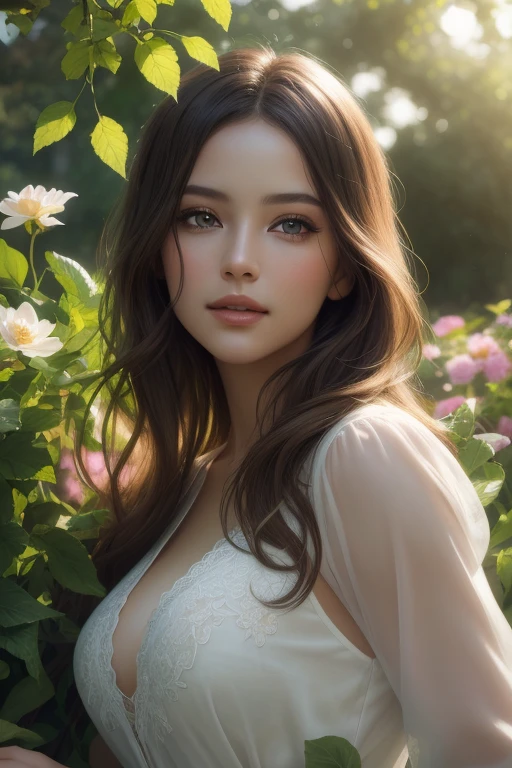 A girl in a garden,illustration,beautiful detailed eyes,beautiful detailed lips,extremely detailed eyes and face,long eyelashes,(best quality,4k,8k,highres,masterpiece:1.2),ultra-detailed(photorealistic:1.37),HDR,UHD,studio lighting,physically-based rendering,extreme detail description,professional,vivid colors,portraits,bokeh,greenery,lush vegetation,floating flowers,sunlight streaming through the trees,soft and warm color tones,glowing skin,gentle breeze.