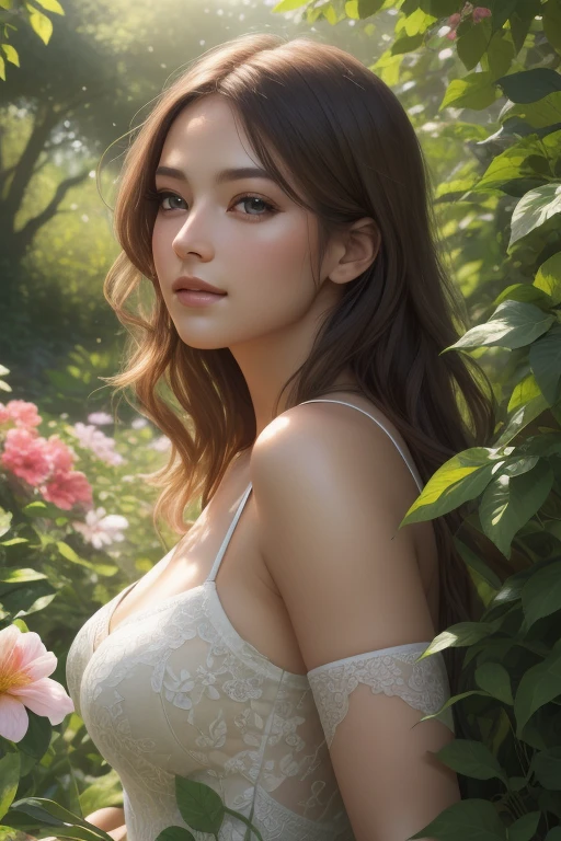 A girl in a garden,illustration,beautiful detailed eyes,beautiful detailed lips,extremely detailed eyes and face,long eyelashes,(best quality,4k,8k,highres,masterpiece:1.2),ultra-detailed(photorealistic:1.37),HDR,UHD,studio lighting,physically-based rendering,extreme detail description,professional,vivid colors,portraits,bokeh,greenery,lush vegetation,floating flowers,sunlight streaming through the trees,soft and warm color tones,glowing skin,gentle breeze.