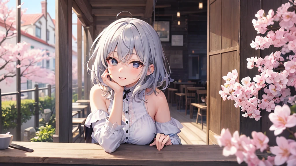 (8k, best quality, master piece: 1.2),super high resolution,1 girl, solo, colorshift eyes, hyperdetailed, expressive eyes, ultra-detailed face, Bohemian style、Random hairstyle、silver gay hair, cafe,Terrace seats、 sunshine, Collarbone, Ecstatic expression, lunch
