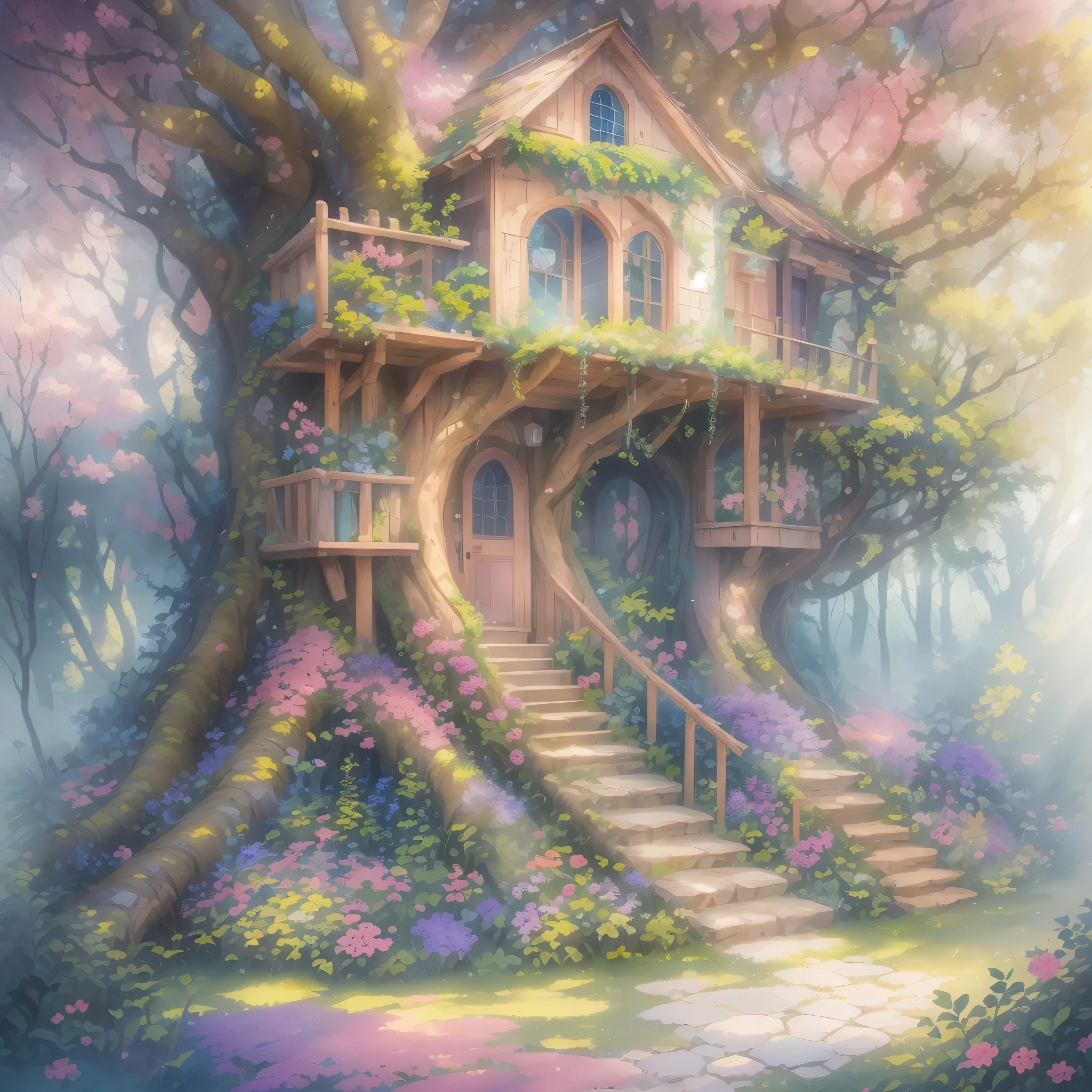 A dreamy fairy treehouse,natural,serene,softly connected trees in the courtyard,pink,purple,and emerald green flowers,light pouring in from the windows,rainbow-colored corridor,illustration,highres,ultra-detailed,realistic:1.37,watercolor painting,vivid colors,soft lighting