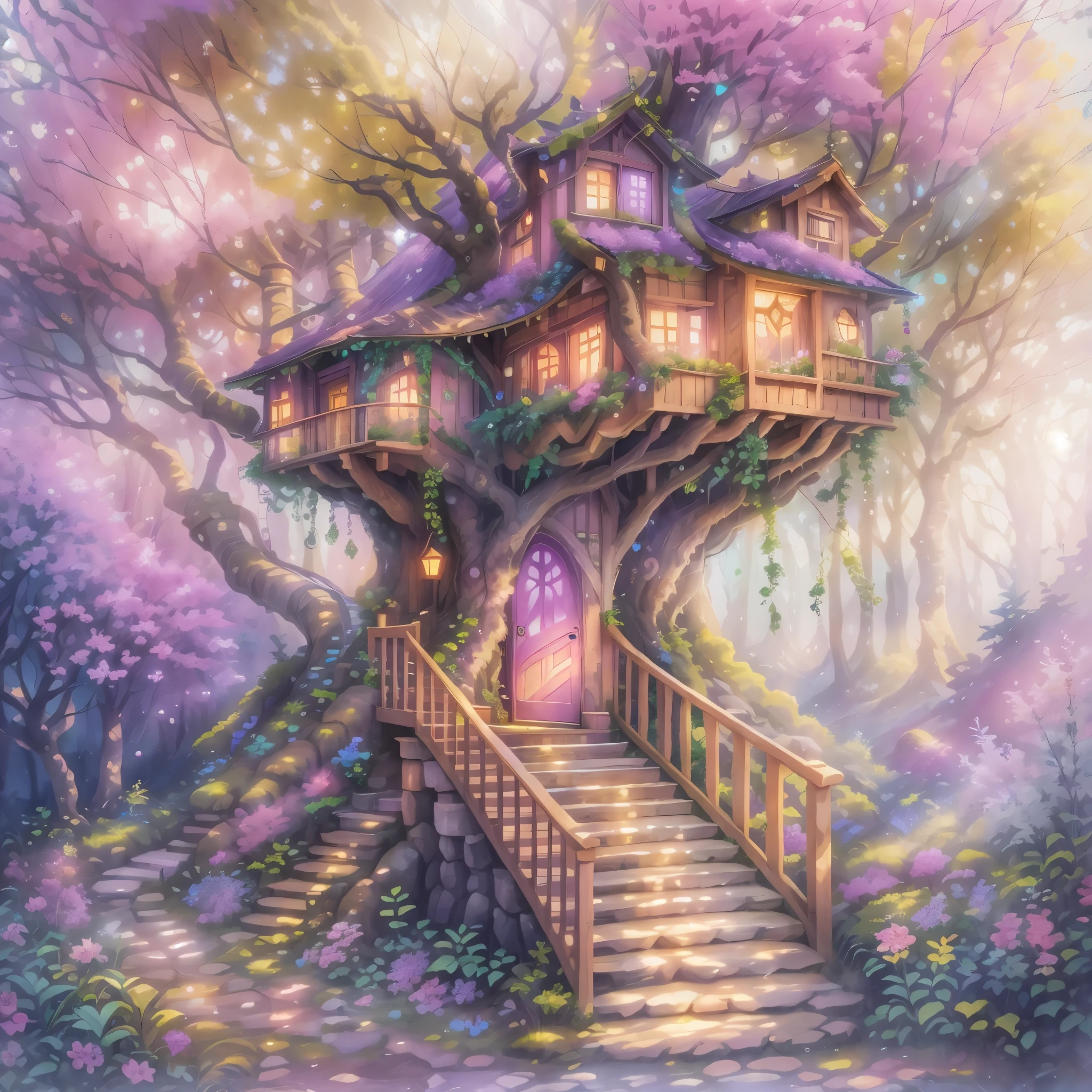 A dreamy fairy treehouse,natural,serene,softly connected trees in the courtyard,pink,purple,and emerald green flowers,light pouring in from the windows,rainbow-colored corridor,illustration,highres,ultra-detailed,realistic:1.37,watercolor painting,vivid colors,soft lighting