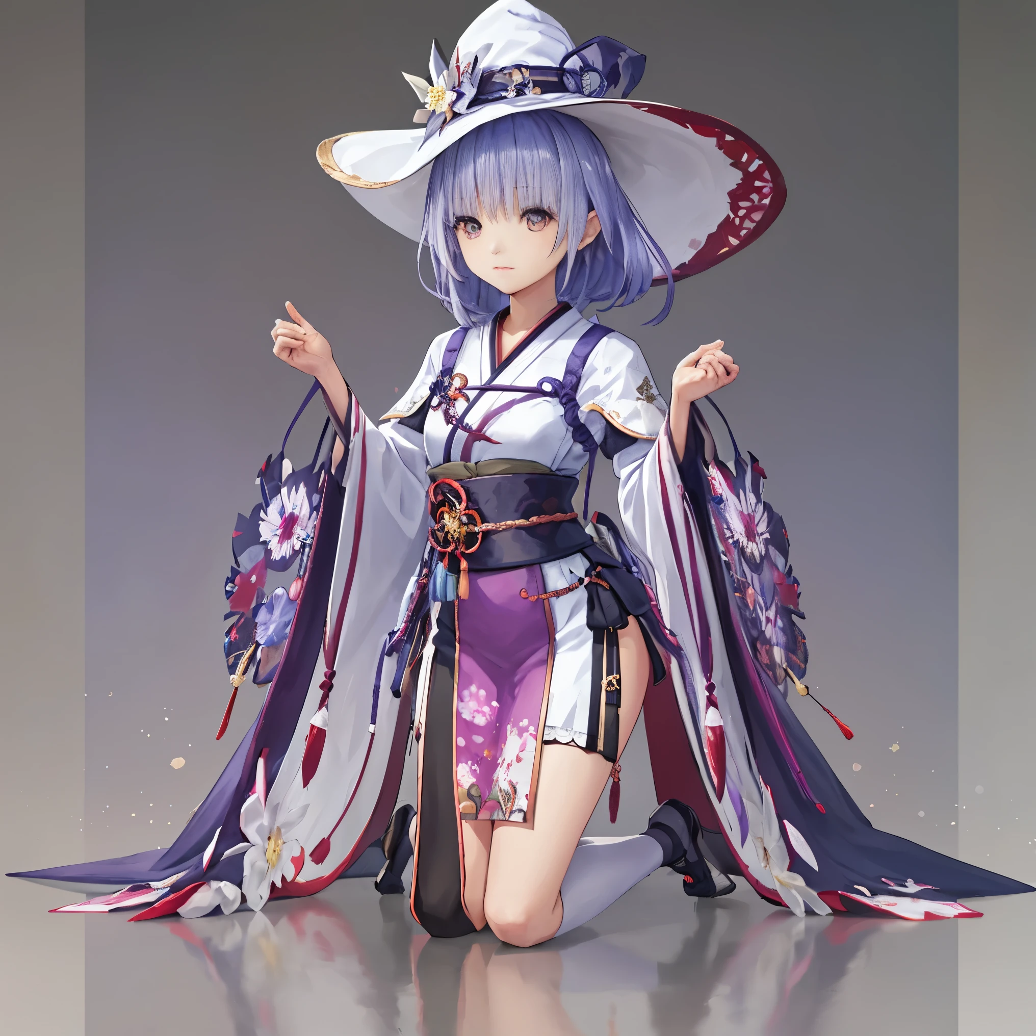 (masterpiece, highest quality, highest quality, official art, beautiful and aesthetic:1.2), (1 girl:1.3), (fractal art:1.3),light purple hair, purple eyes, alone, (kneel down), (kneel down on white glass surface), (dk, small), (white background), (witch hat), curly, looking at the viewer, with panoramic view, Vision, It begins with the night of the ark., Popular topics on Art Station pixiv, Arknight, pixiv digital art,Onmyoji detailed art, Japanese anime fantasy illustration, author：hero, anime art wallpaper 8k, Sky Witch, pixiv style, anime art wallpaper 4k, anime art wallpaper 4k, (pretty background), Ink painting style，pretty colors，Decisive cut，広いblank領域, blank, space，master piece， super sophisticated，epic work，expensive、expensive品質，best quality，4K