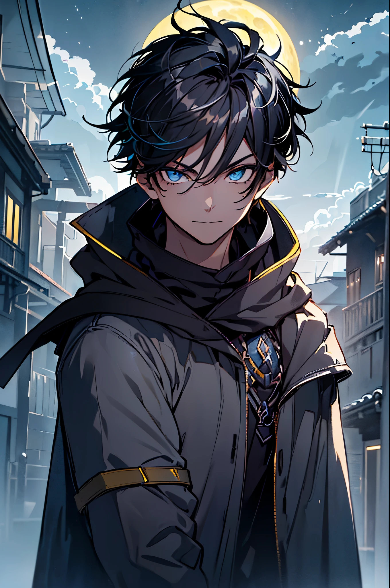 masterpiece, best quality, ((1boy)), (colorful), (finely detailed beautiful eyes and detailed face),cinematic lighting,body shot,extremely detailed CG unity 8k wallpaper, sky, cloudy_sky, building, moonlight, moon, night, (dark theme:1.3), light, fantasy, ((blue Eyes)) (((grey Overcloak))) (((Black Hair with Yellow Highlight))) ((Mischievous)) ((1 boy))