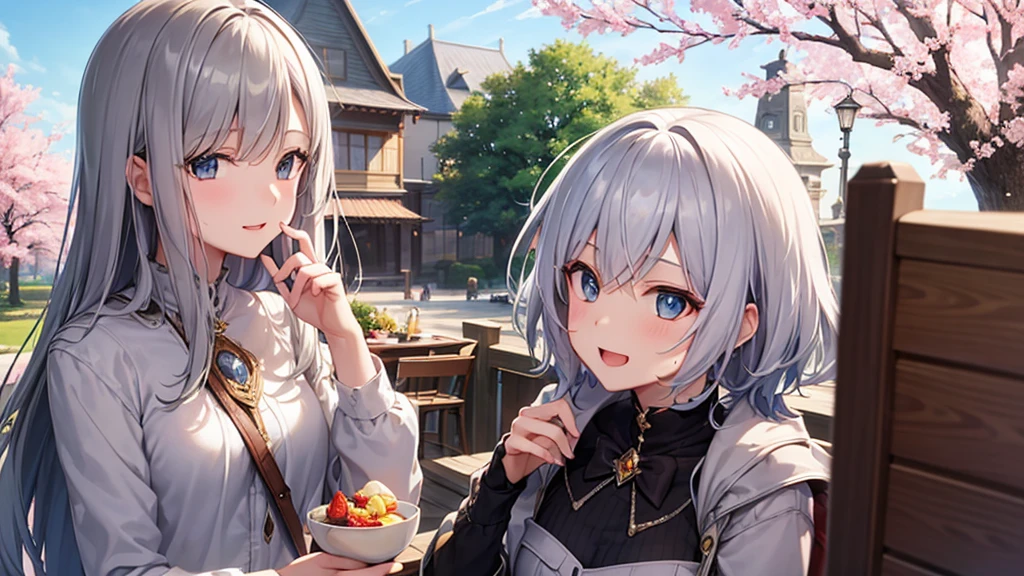 super high quality, with a girl, 20-year-old, very short hair, long bangs between the eyes, gray eyes , blue sky, sunlight, very detailed,(masterpiece、highest quality)、alone、gray hair、laughter、fantasy, silver hair, black eye, beautiful eyes,, ecstasy, charm, be smitten with audience, fantasyな風景、Princess、white clothes、cherry blossoms、Cafe