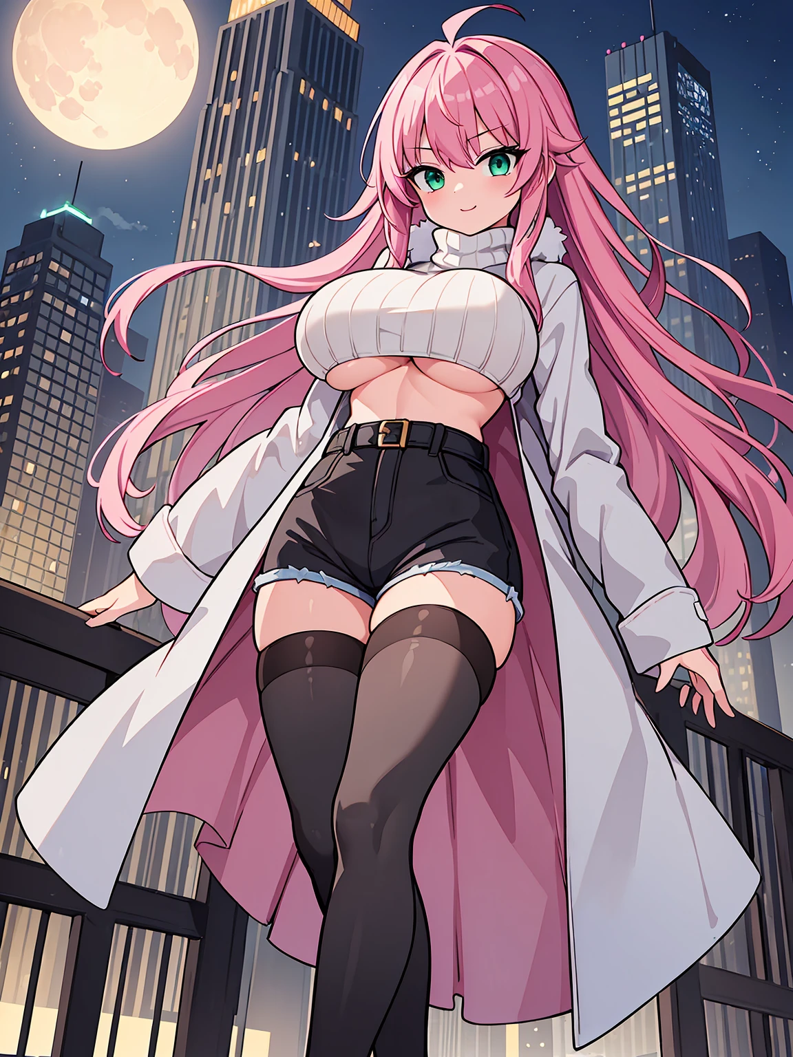 (masterpiece,best quality, detailed,hires:1.4),portrate,1girl,standing,16yo,(solo:1.4),detailed background,new york,downtown street,messy background,winter city scape,lined with modern skyscrapers,(street:1.3),(big moon,detailed full moon,night sky,wide sky,fine sky),BREAK,super dericate hair,ahoge,pink hair,long hair,detailed face,(green eyes),beautiful detailed eyes,sparkling eyes,big eyes,tareme,bloom,glowing,glowing skin,(colossal breast:1.4),BREAK,(put on white long coat,with white fur:1.4),BREAK, (gray turtleneck sweater:1.48),BREAK,(denim short shorts:1.2), (black stockings:1.4),(brown long boots:1.2),close up breast,(happy:1.4),blush,(head to crotch,below the knee and feet are out of sight:1.4),from below,