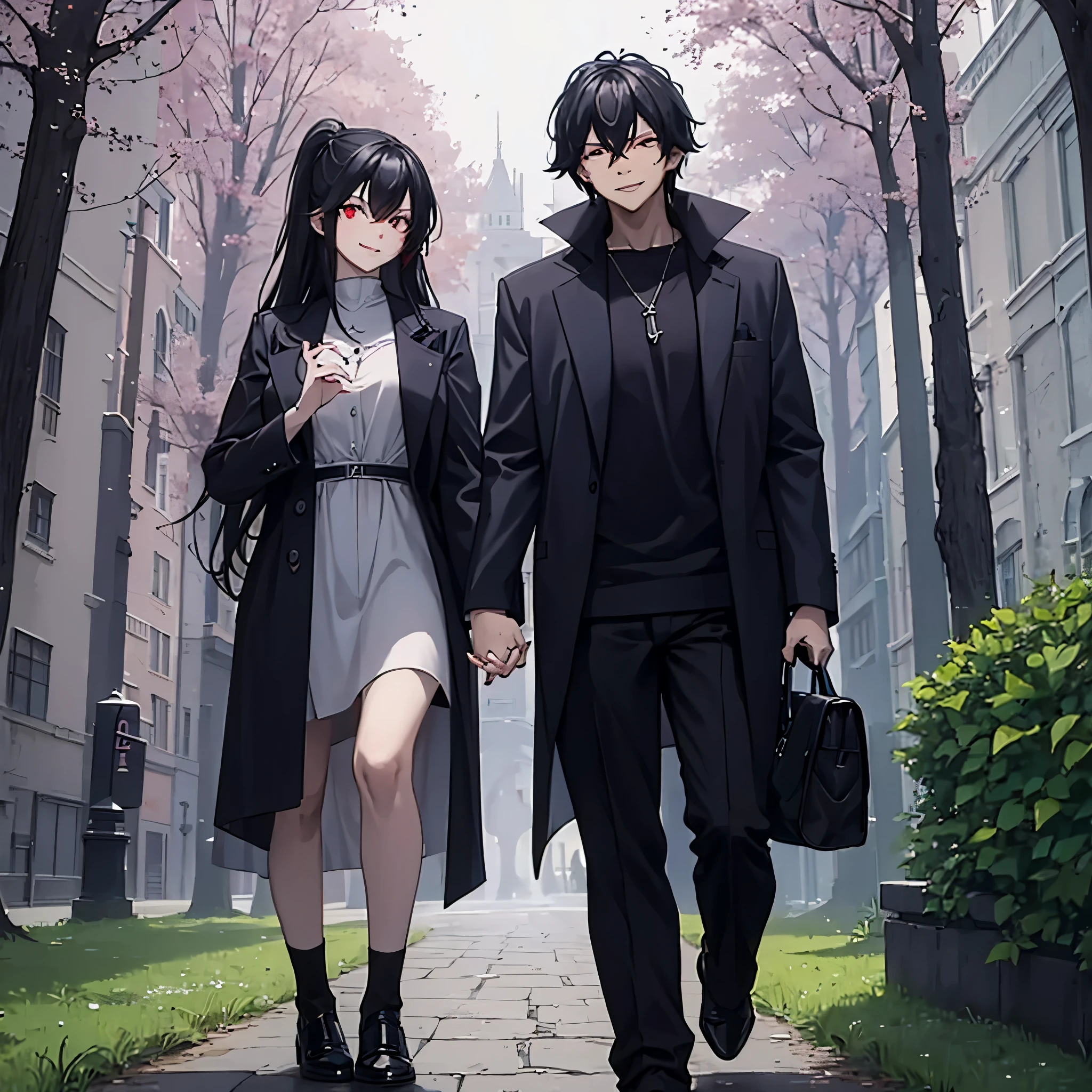 a man in casual clothes holding a woman's hand (red eye) and a little who appeared with the woman, in a park, smiling