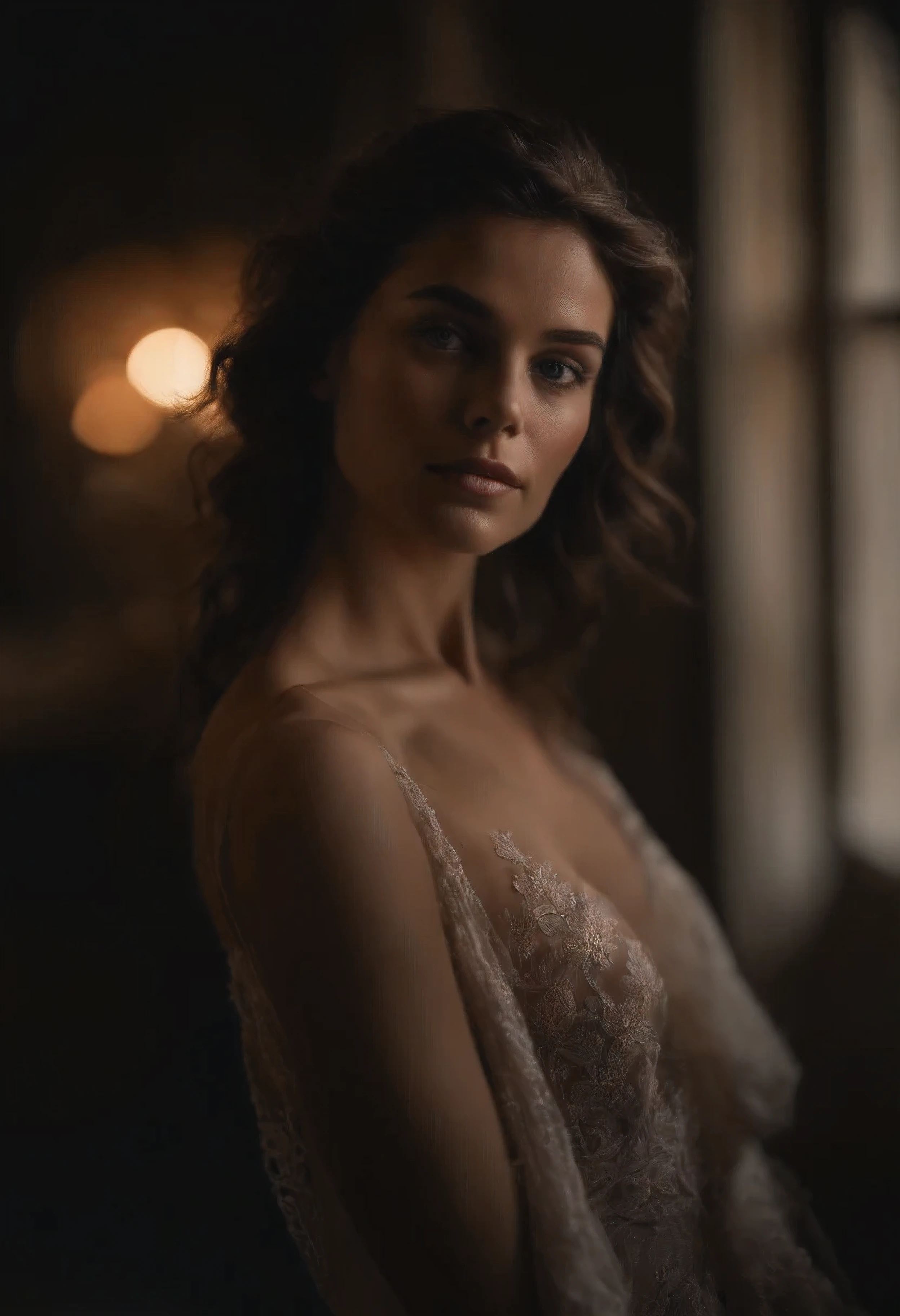 fotografia de retrato de filme, 1girl, bareshoulders, visible nipples, cabelos ondulados na altura dos ombros, sereno, calmo, (olhos realistas detalhados, textura natural da pele, detalhes realistas do rosto), soft dramatic lighting, profundidade de campo, Bokeh, detalhes vibrantes, finamente detalhado, hiper-realista, Filme 35mm, desfoque nebuloso, Filmg,
