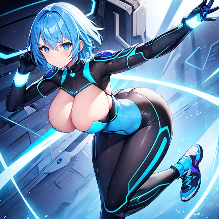 1girl, wide hips, large breasts, wide hips, blue hair, short hair, very short hair, blue eyes, bodysuit, black bodysuit, futuristic, machinery, science-fiction, tech, shoes, sneakers, neon trim, blue neon trim