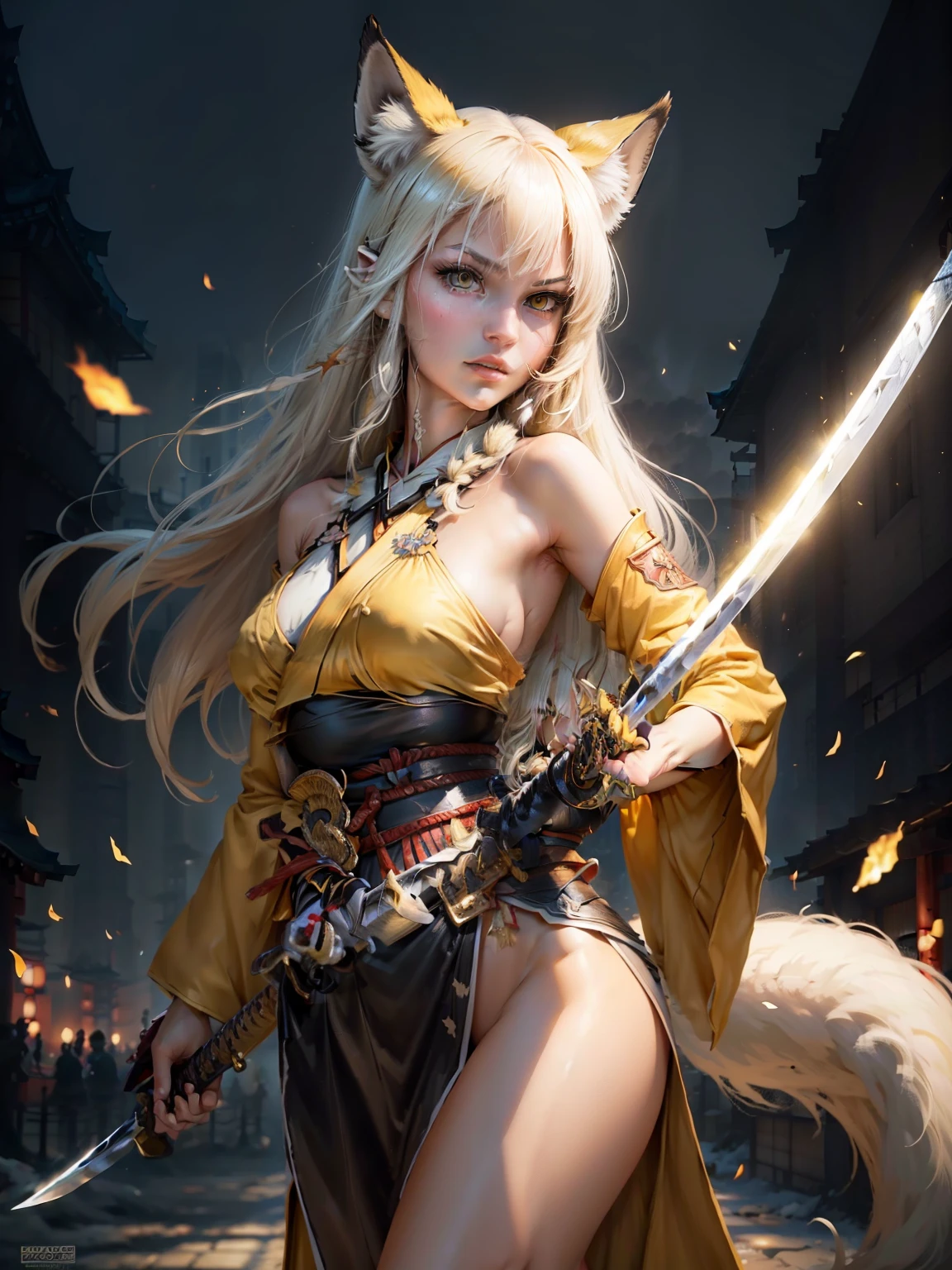 (best quality, 4k, 8k, highres, masterpiece:1.5), 1girl, ultra-detailed, detailed face, detailed lips and eyes, realistic in the Style of Boris Vallejo,
BREAK BLARKY beautiful caucasian woman with very long straight white hair, (yellow eyes:1.4), fair skin, expressive face, attractive appearance, animal ear fluff, animal ears, extra ears, fox ears, fox girl, fox tail, long hair, bangs, hair between eyes,
BREAK [:(1 woman, solo:1.5),
BREAK (beautiful eyes:1.3), medium breasts,
BREAK (standing in Sengoku period samurai armor:1.3),
BREAK (blush:1.2), smile, (open mouth:1.2):7],
BREAK (wielding a shining (long Japanese sword:1.2):1.3), sheath, holding sheath,
BREAK (masterpiece background), (sense of depth), (depth of field), dynamic angle, (dark fantasy:1.4), (dark background:1.3), outdoors,
BREAK [:(red:1.2), (hakama:1.3):1.3]