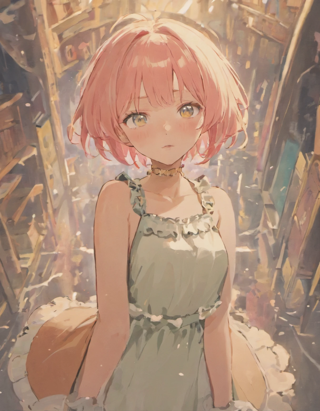 5’9” light skinned girl who is a little bit chubby. This girl has shaggy pink hair that is not very long. She wears an cottagecore dress that is white and yellow. Her eyes are a blue green color.