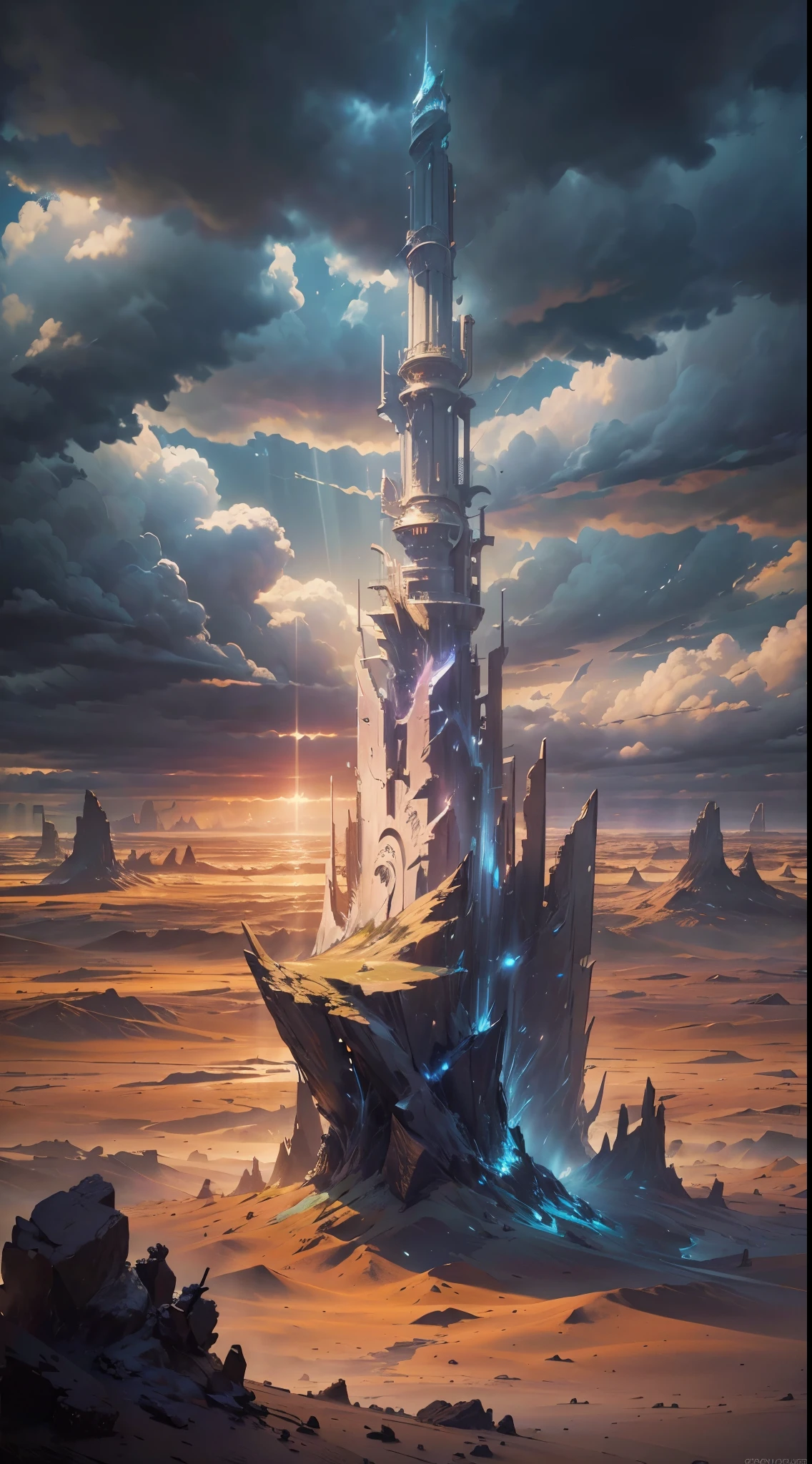 expansive landscape photograph , (a view from below that shows sky above and open field below), an adventurer on desert looking up, bright sunny day (clouds:1.2), barren lands, a very tall tower in the middle of no where, immense powerful mysterious, BREAK
production art, intricate details, volumetric lighting, realism BREAK
(masterpiece:1.2), detailed shadows, (best quality), 4k, ultra-detailed, (dynamic composition:1.4), highly detailed, colorful details,( iridescent colors:1.2), (glowing lighting, atmospheric lighting), dreamy, magical, (solo:1.2)
