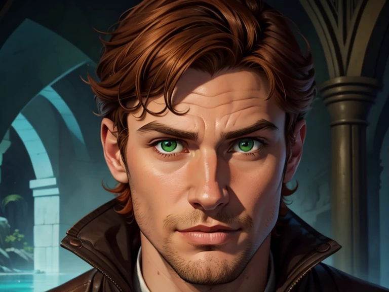 masterpiece, best quality, realistic, 1boy, mature male, quiet and charming young boy, 18 year old, a smirk, closed mouth, brown skin, portrait, extremely detailed face, cold and smirk, ((green eyes)), ((short wavy dark Ginger hair)), [thick eyebrows], dark palace, ((Fishman)), dim light, evil, water background